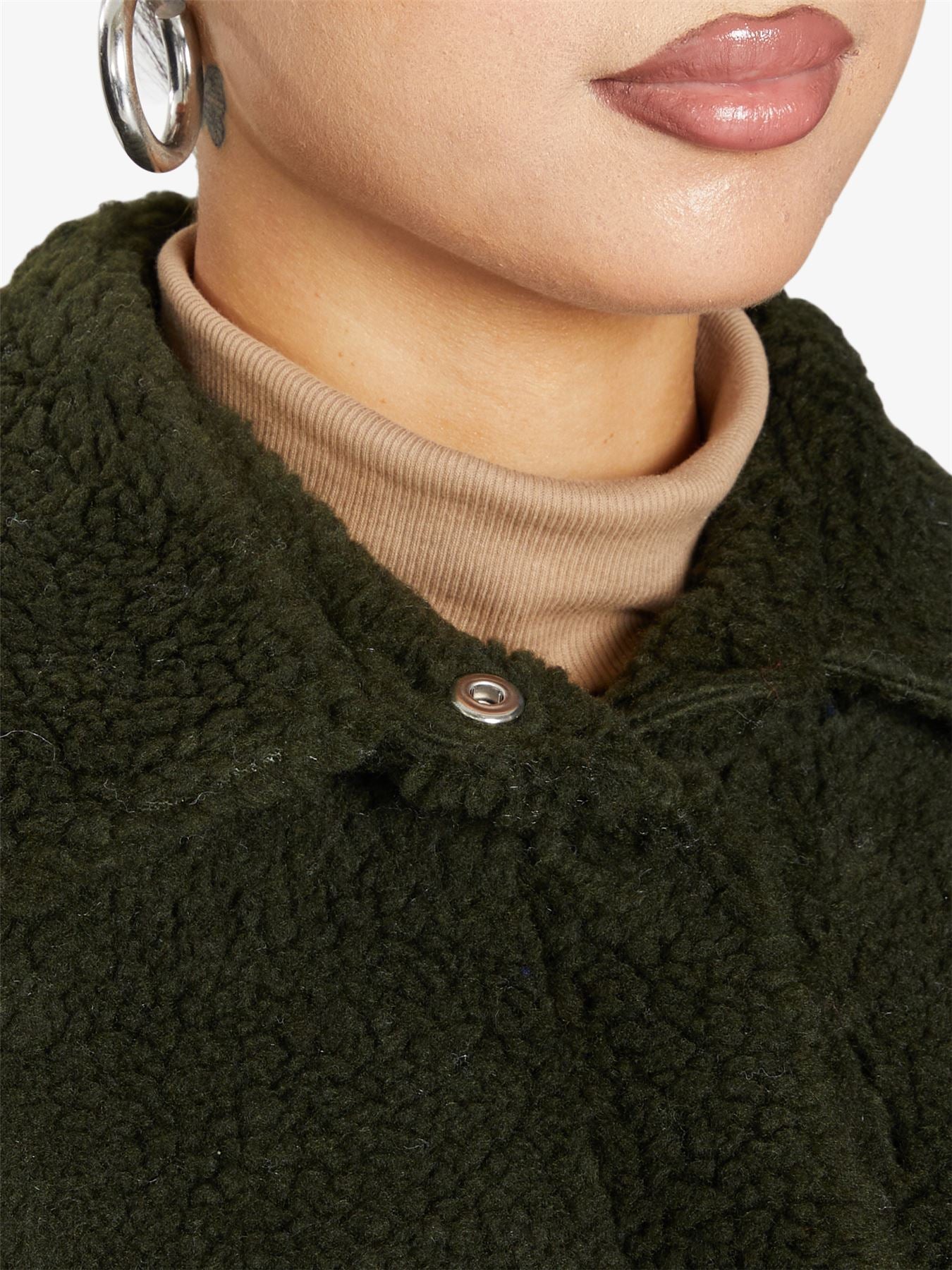 Rose Eleusis oversized patch pocket borg teddy shacket, cozy warm jacket with plush fabric and relaxed fit, front patch pockets visible.