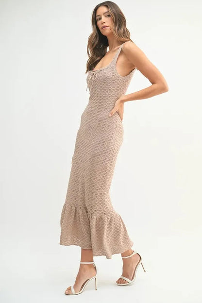 Pear Daisy ruffled hem sleeveless crochet knit midi dress, stylish and comfortable, perfect for casual or summer wear.