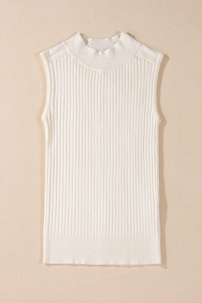 White ribbed knit high neck sweater vest from Carmine Juneberry, styled as a trendy tops and blouses piece
