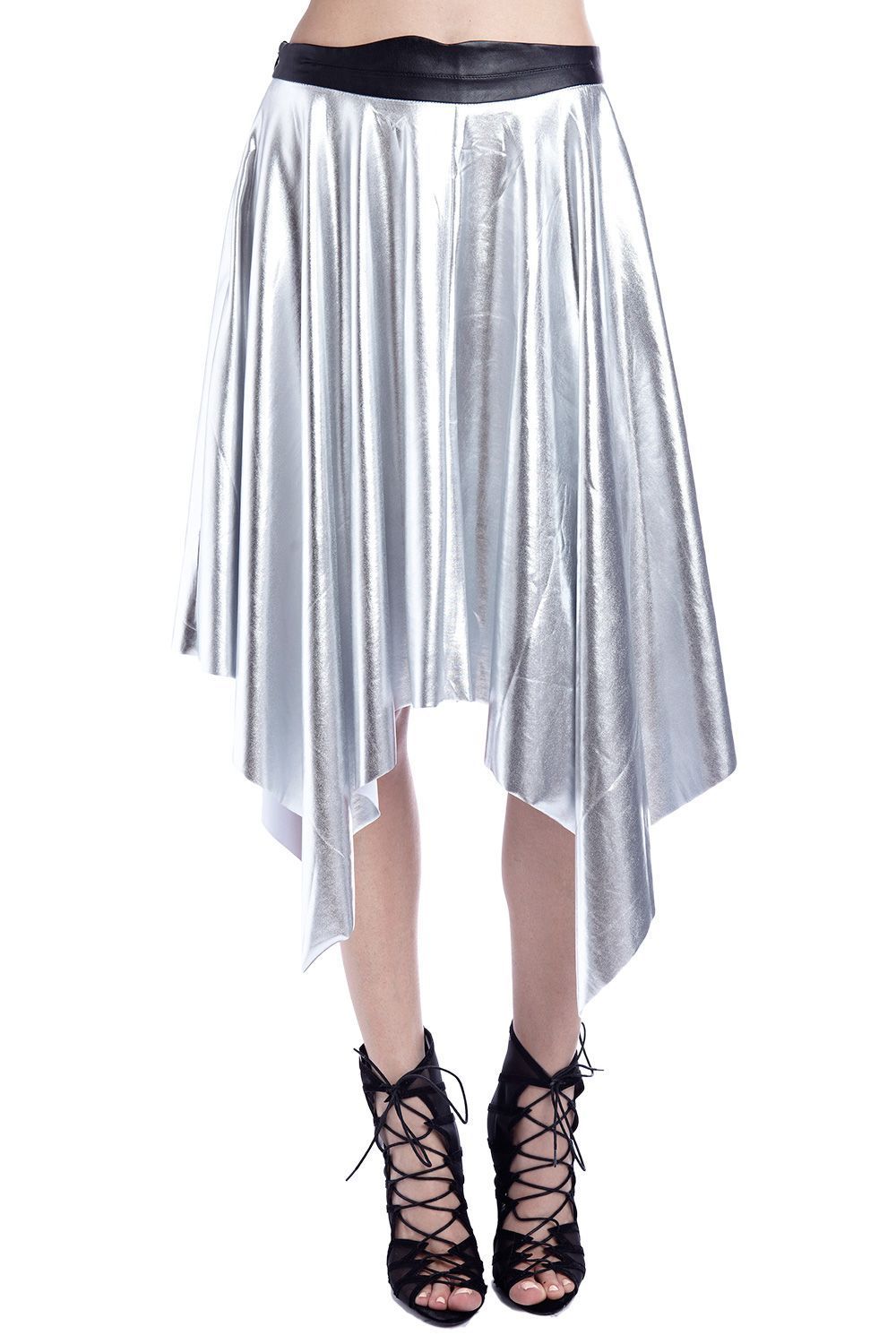 Silver metallic pleated midi skirt by Erin Theia featuring shiny, flowing fabric and a stylish midi length.
