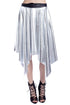 Silver metallic pleated midi skirt by Erin Theia featuring shiny, flowing fabric and a stylish midi length.