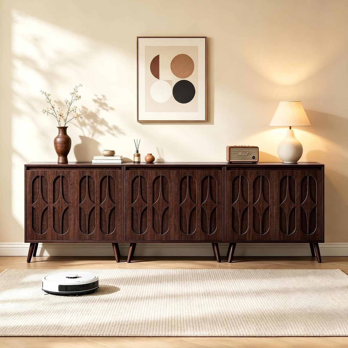Dark Walnut 94.5In Wide Mid Century Modern Sideboard