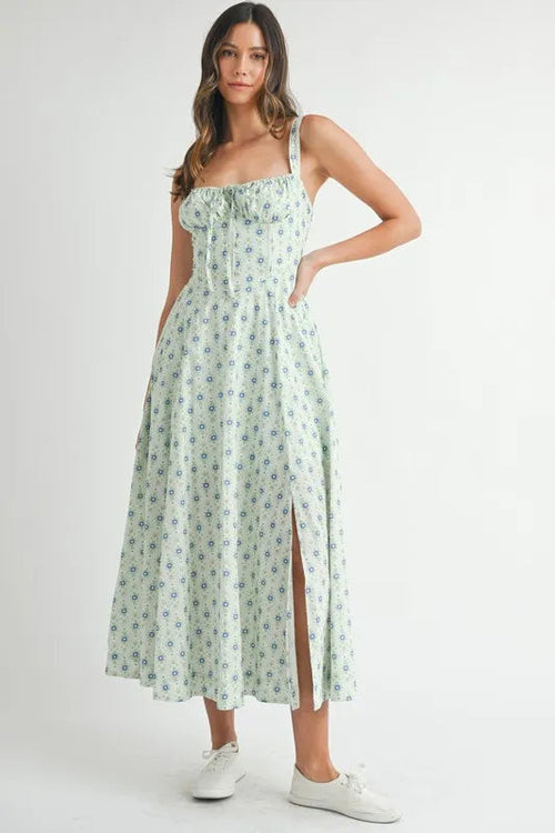 Pear Daisy floral print bustier midi dress with back lace-up detail, styled as a home and garden decorative fabric.