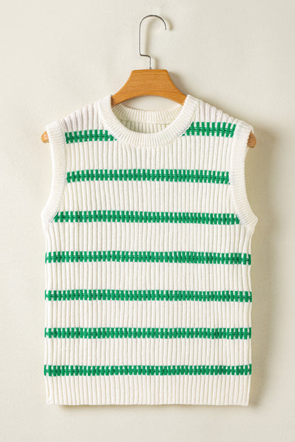 Bright green striped round neck casual sweater vest by Carmine Juneberry, featuring a cozy knit design perfect for layered tops.