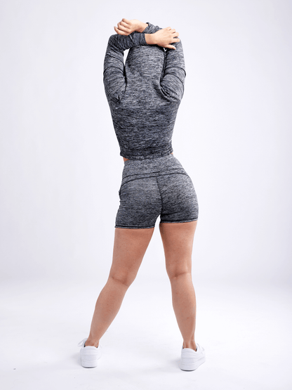 Black Lavender JupiterGear athletic zip-up crop hoodie jacket, activewear with a fitted style, shown in dark fabric with a front zipper.