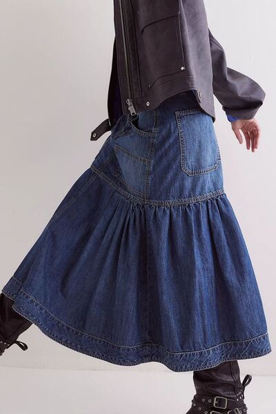 Taupe Oliver MUNSIEUR Bohemian denim midi skirt with flowy design and pockets, perfect for casual and stylish outfits.