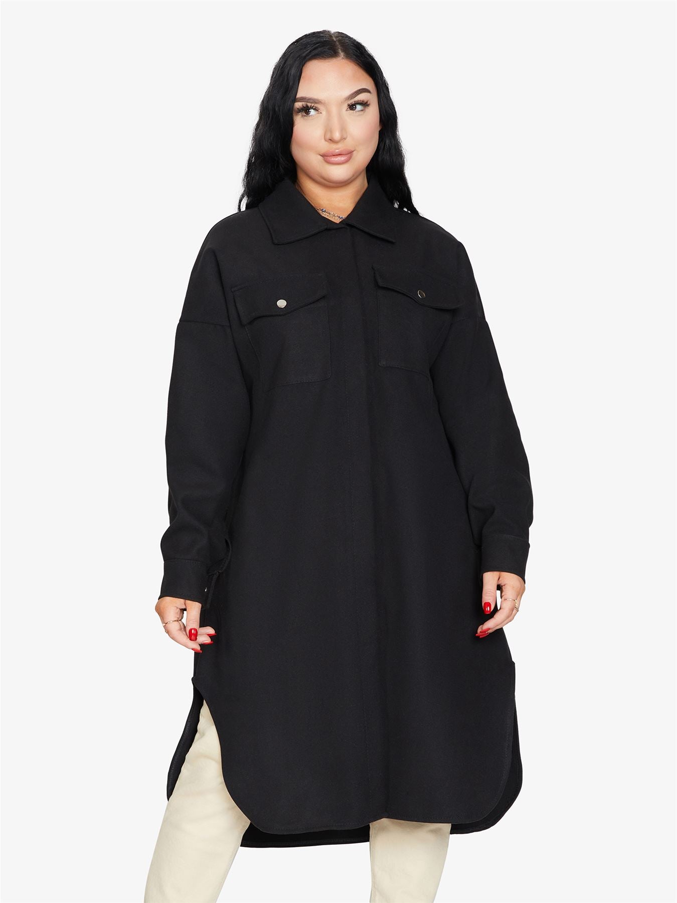 Rose Eleusis oversized longline shacket in neutral fabric, featuring a relaxed fit, button front, and oversized collar.