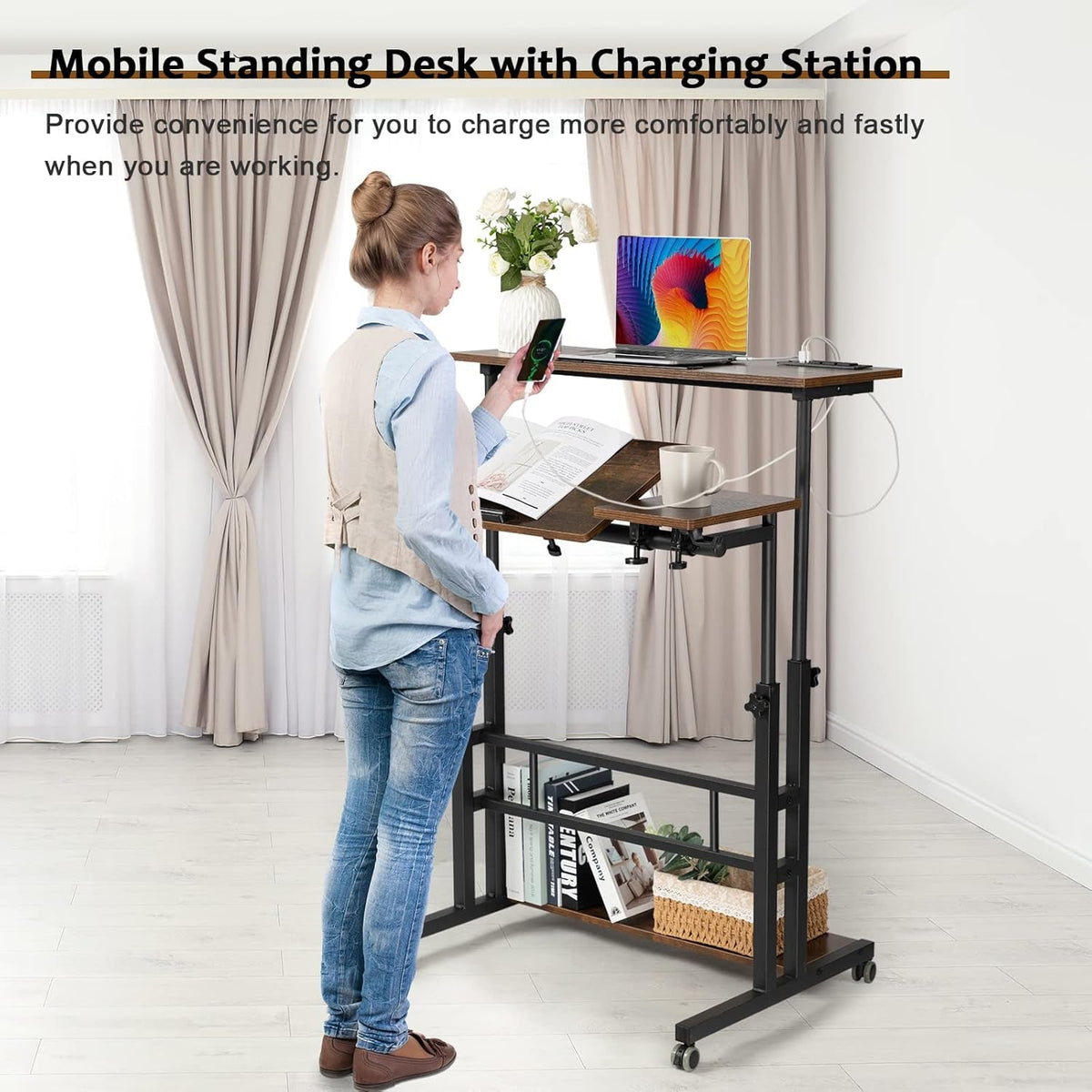 Mobile Laptop Standing Desk Adjustable Height Wheels