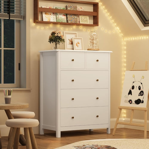 White five-drawer dresser by Peach Maple, ideal for bedroom organization, featuring sleek design and ample storage space.