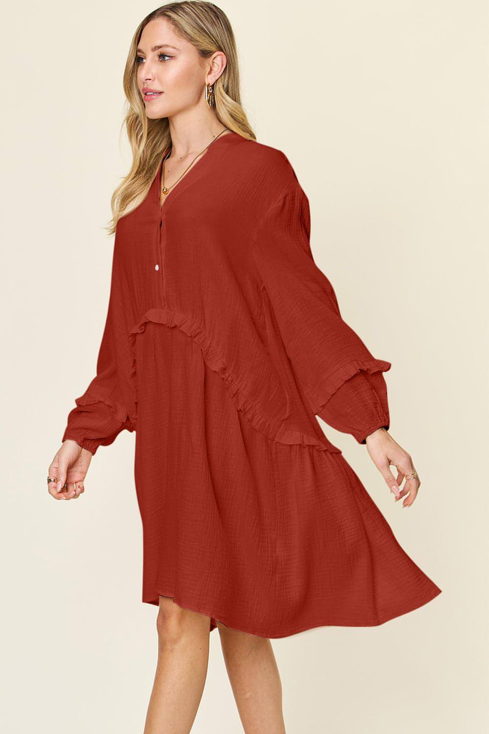 Carmine Juneberry double take full-size dress with textured fabric, half-button front, and ruffle trim, styled for a fashionable look.