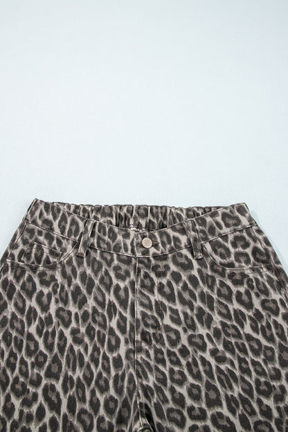 Leopard print denim straight leg jeans for women by Byzantium Bay, showing the stylish design and fit.