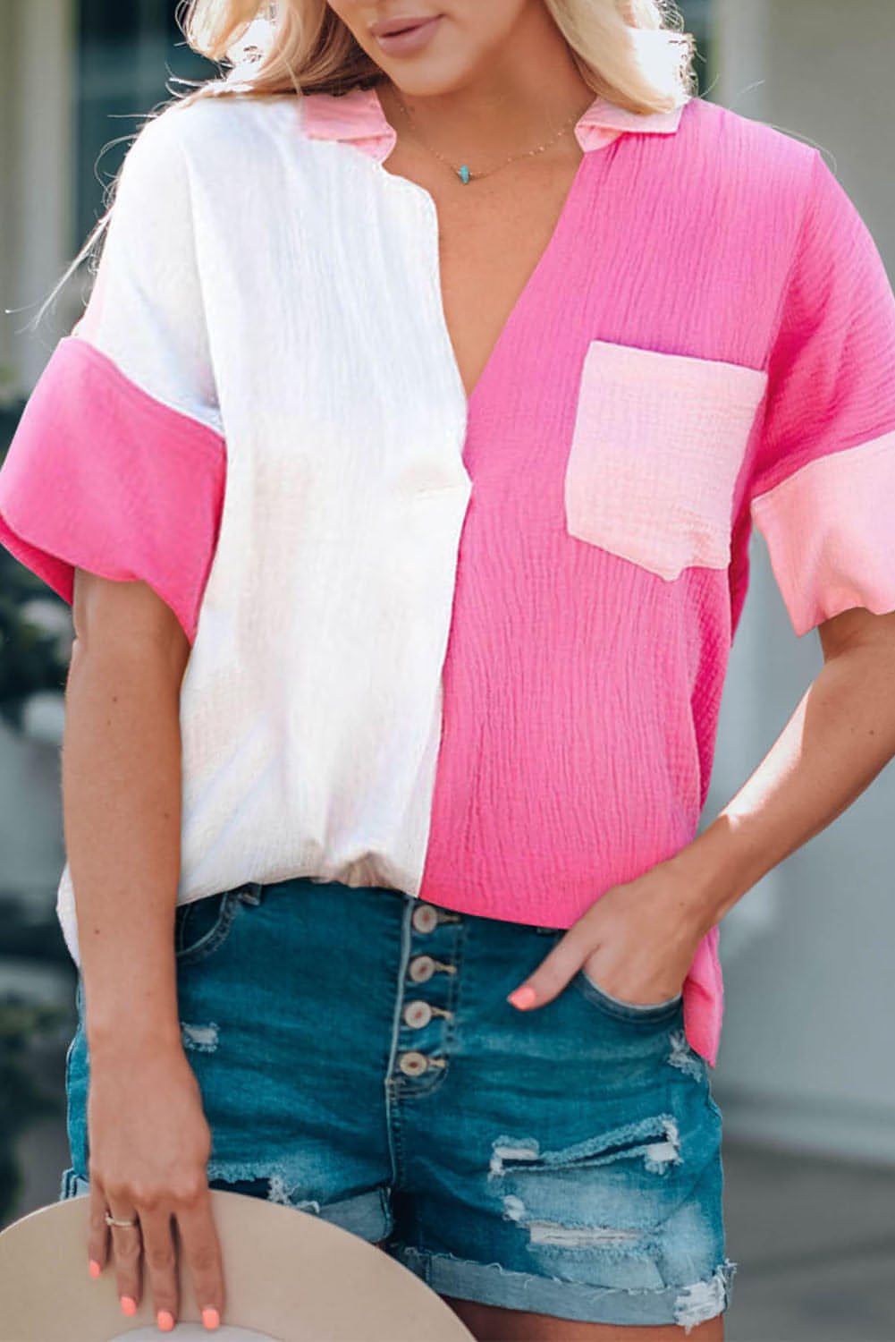 Carmine Juneberry rose collar color block polo shirt with contrasting collar and front design, styled as a casual tops and blouses.
