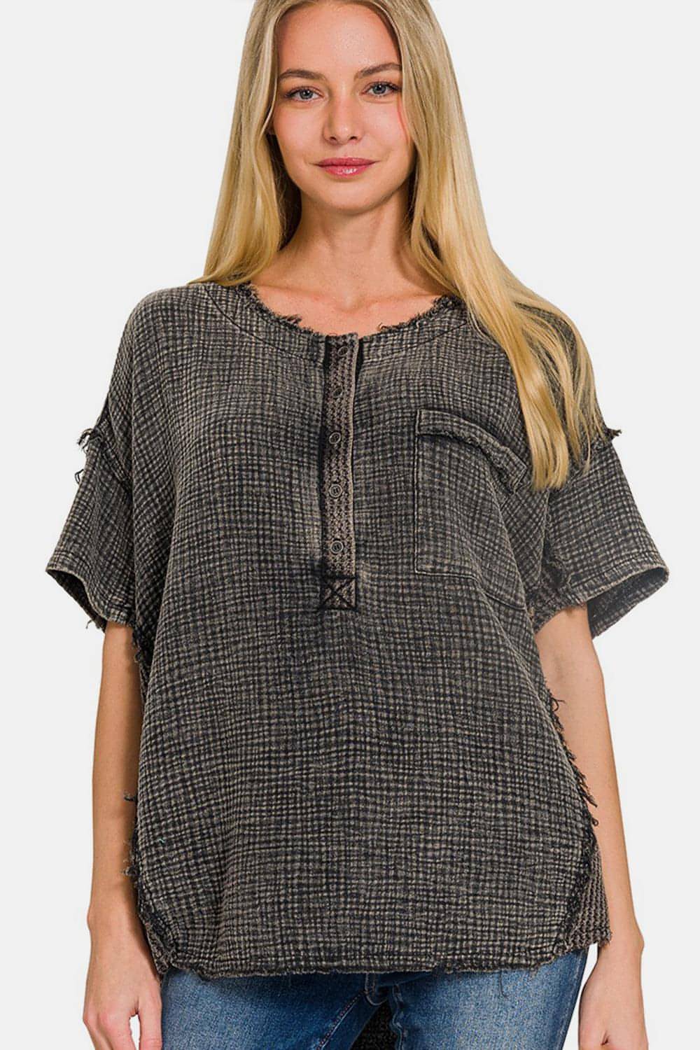 Carmine Juneberry Zenana washed texture half-button T-shirt in neutral tone, featuring a relaxed fit and stylish half-button design.