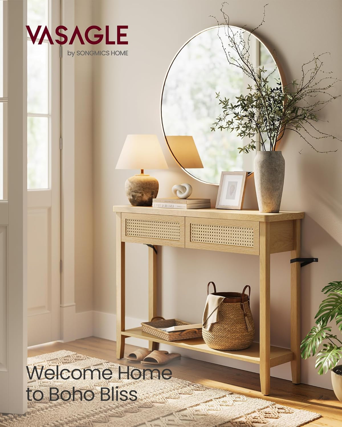 Oak Beige Generous Console Table Featuring Drawers