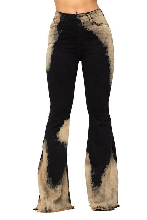 Jade Icarus Bleach Bum Bell Bottom pants with a 30-inch inseam, featuring faded bleach design and wide-leg style.