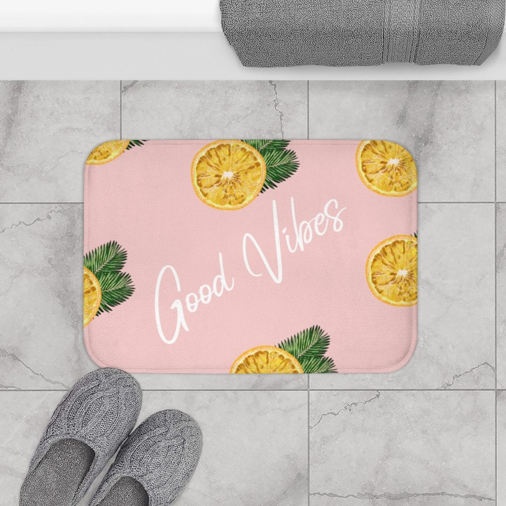 Yellow Pandora Good Vibes Lemon bathroom bath mat with bright yellow color and lemon design, soft and non-slip surface.