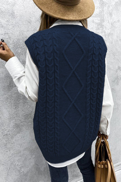 Blue sleeveless cable knitted sweater tank for women by Lavender Pallas, featuring a cozy, stylish knit design.