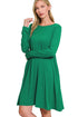 Automotive image of Jade Icarus Zenana long sleeve flare dress with pockets, showcasing its stylish design and fabric details.