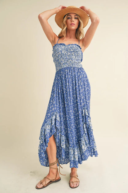 Aemi + Co Ditsy Floral Ruffled Hem Maxi Cami Dress by Pear Daisy, featuring a floral print and ruffled hem on a casual summer dress