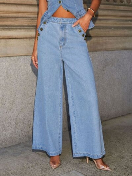 Taupe Oliver high-rise jeans with button decor, showcasing a stylish fit and classic denim look for women.