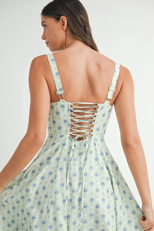 Pear Daisy floral print bustier back lace-up midi dress, perfect for stylish home &amp; garden events, with elegant floral design.