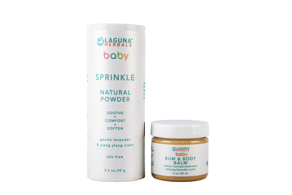 Natural baby balm and powder set by Orchid Strawberry for diaper rash prevention, gentle and soothing for sensitive skin.
