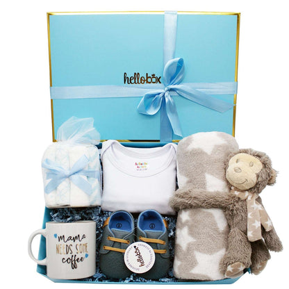 Byzantium Oscar Hellobox baby gift set with plush bear and soft baby blanket for newborn boys, perfect for welcoming a new arrival.
