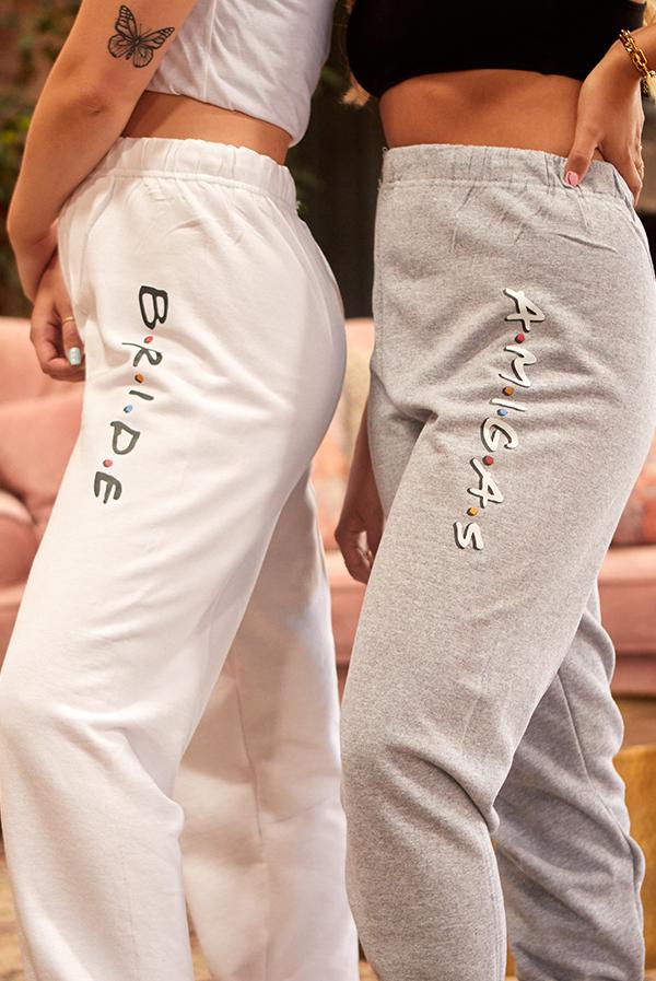 Champagne Demeter FRIENDS Bride Amigas sweatpants with friends group design, casual pants for bachelorette party celebrations.