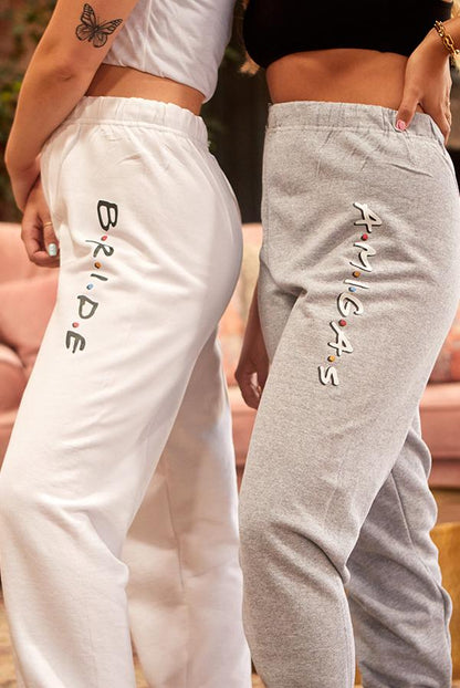 Champagne Demeter FRIENDS Bride Amigas sweatpants with friends group design, casual pants for bachelorette party celebrations.