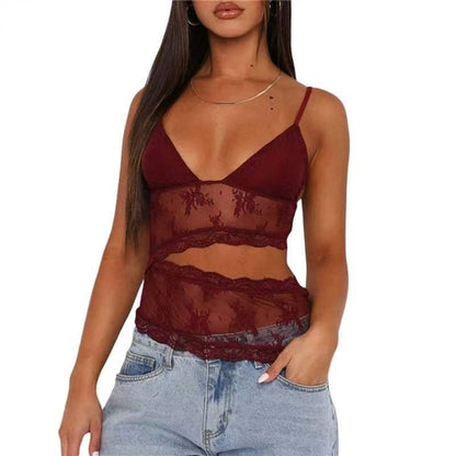 Pear Daisy lace-stitched backless V-neck tank top for women, featuring a small sling design and suitable as stylish underwear.