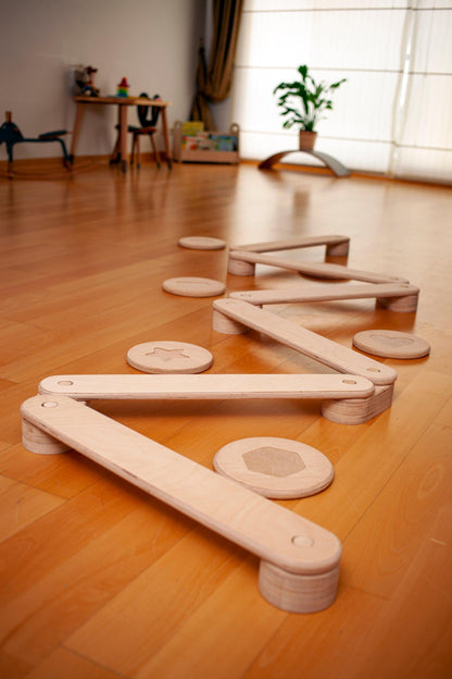 Red Oceanus Montessori balance beam with colorful stepping stones set for children&