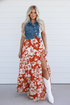 Floral Western high split maxi skirt for women by Byzantium Bay, featuring a flowing design and vibrant floral pattern.