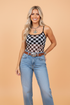 Byzantium Bay checker sheer mesh spaghetti strap tank top for women, lightweight and stylish women&