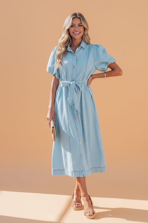 Solid denim midi dress with collared neckline and bubble sleeves by Byzantium Bay, featuring button details and a stylish fit.