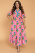 Plus size floral stripe V-neck ruffle maxi dress by Byzantium Bay, featuring a flowing design and vibrant floral pattern.