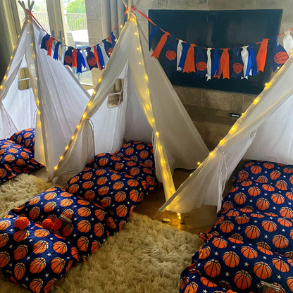 Basketball-themed party sleepover kit by Amaranth Thistle, includes bedding, decorations, and accessories for a fun sports-themed sleepover.