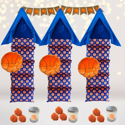 Basketball-themed party sleepover kit by Amaranth Thistle with basketball decorations, tableware, and party favors for kids&