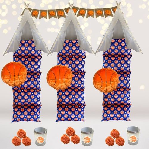 Basketball-themed party sleepover kit by Amaranth Thistle with basketball plates, cups, napkins, and decorations for a fun sleepover.