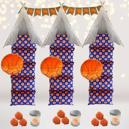 Basketball-themed party sleepover kit by Amaranth Thistle with basketball plates, cups, napkins, and decorations for a fun sleepover.