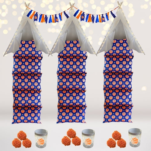 Basketball-themed sleepover kit by Amaranth Thistle with basketball decorations, tableware, and party accessories for a fun night.