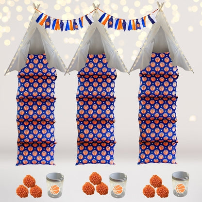 Basketball-themed sleepover kit by Amaranth Thistle with basketball decorations, tableware, and party accessories for a fun night.