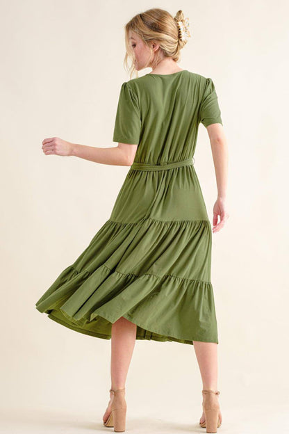 Carmine Juneberry soft short sleeve tiered midi dress with flowy fabric and layered design, perfect for casual or semi-formal wear.