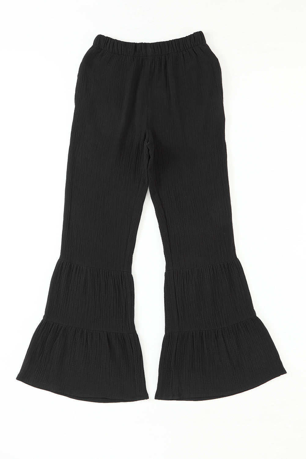 Black textured high waist ruffled bell bottom pants by Carmine Juneberry, featuring a stylish flared leg and ruffled details.