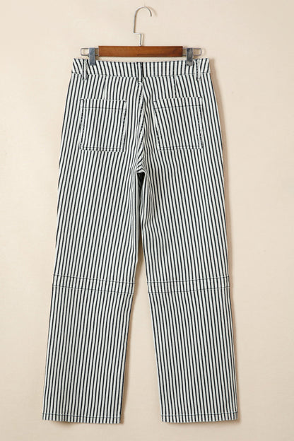 Women’s Stripe Denim High Waist Patch Pocket Jeans by Byzantium Bay, featuring classic blue denim with front patch pockets.