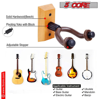 Violet Rose 5Core Guitar Wall Mount Hanger 2Pack, U-shaped wooden hooks for hanging guitars on the wall.