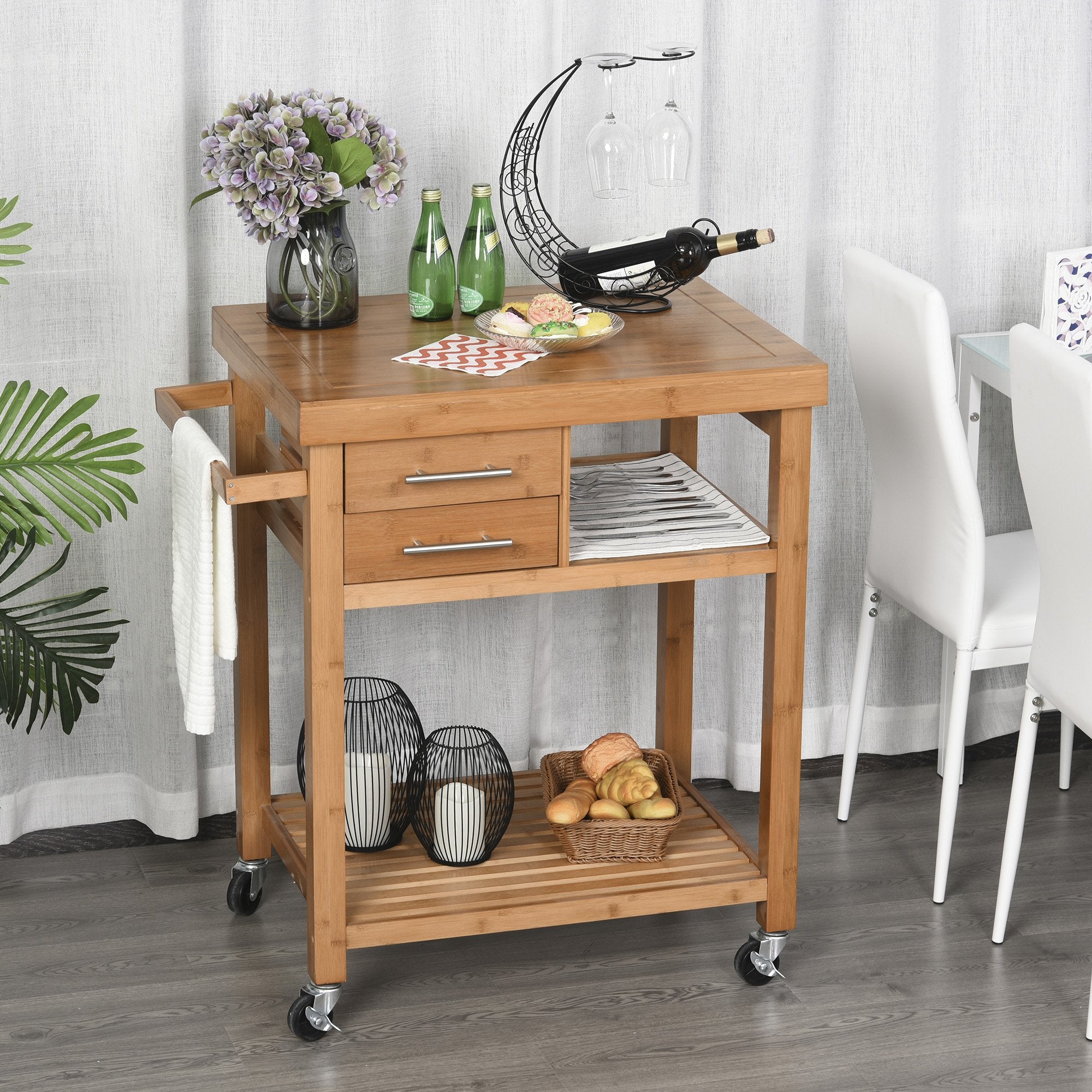 Taupe Shadow HOMCOM bamboo rolling kitchen island trolley with drawers and shelves, ideal for home and garden storage.