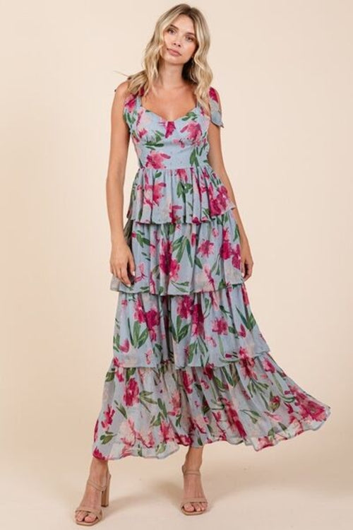 Jade Icarus Mittoshop layered floral sweetheart neck maxi dress for women, featuring a flowing floral pattern and elegant design.