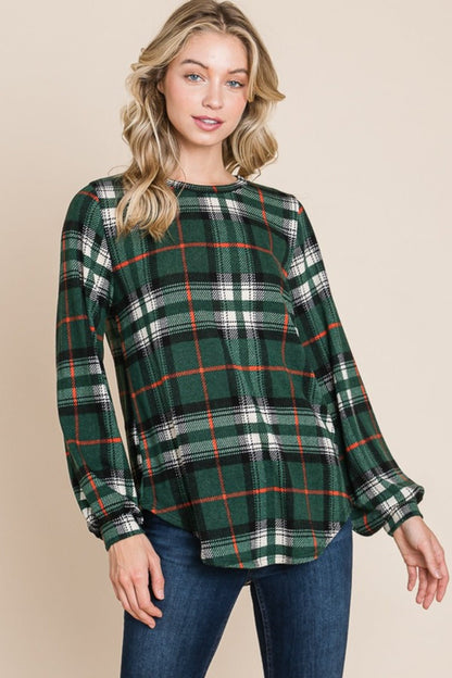 Jade Icarus BOMBOM plaid long sleeve top with curved hem and round neckline, women&
