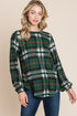 Jade Icarus BOMBOM plaid long sleeve top with curved hem and round neckline, women&