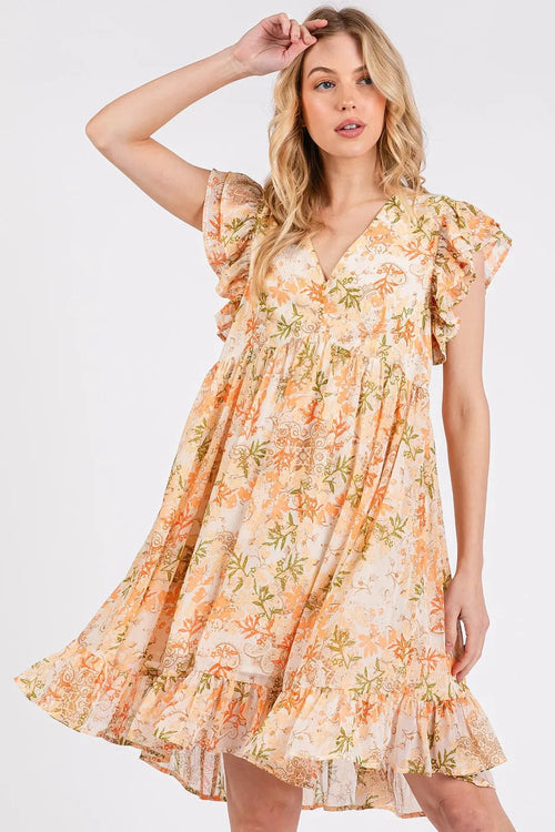 Automotive Jade Icarus Mittoshop floral chiffon ruffle short sleeve mini dress displayed in a vibrant, colorful design.